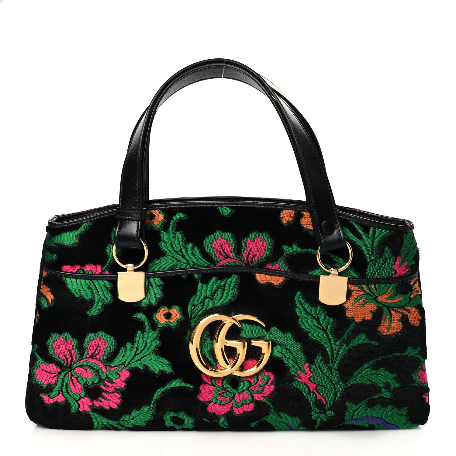 Gucci Velvet Jacquard Floral Embroidered Large Arli Top Handle Bag Black Green Multicolor 1 of 10