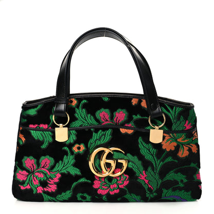 Gucci Velvet Jacquard Floral Embroidered Large Arli Top Handle Bag Black Green Multicolor 1 of 10