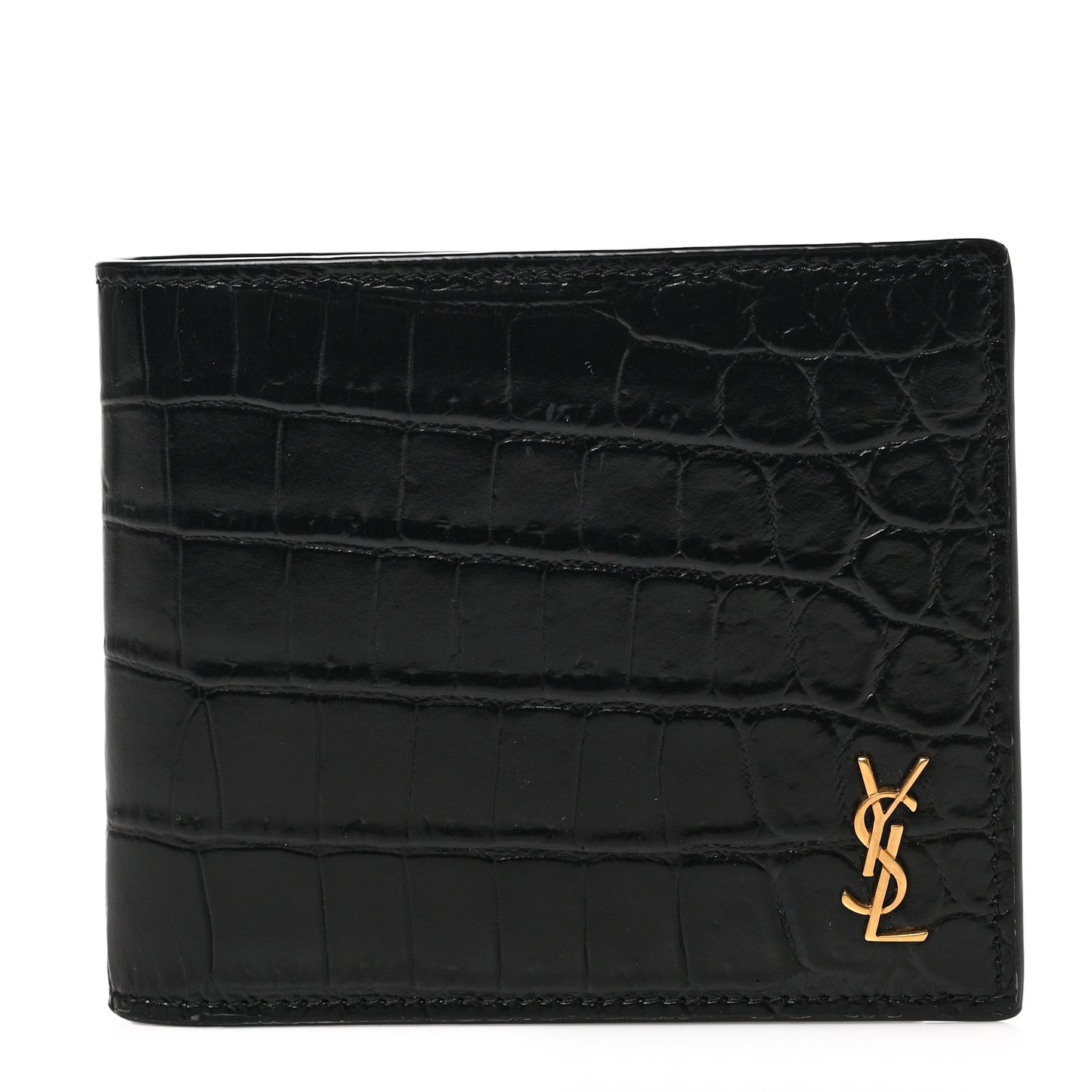 Calfskin Crocodile Embossed Tiny Cassandre East West Wallet Black