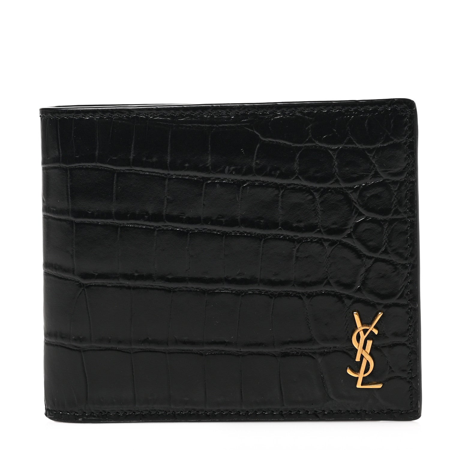 Saint Laurent Calfskin Crocodile Embossed Tiny Cassandre East West Wallet Black 1 of 6
