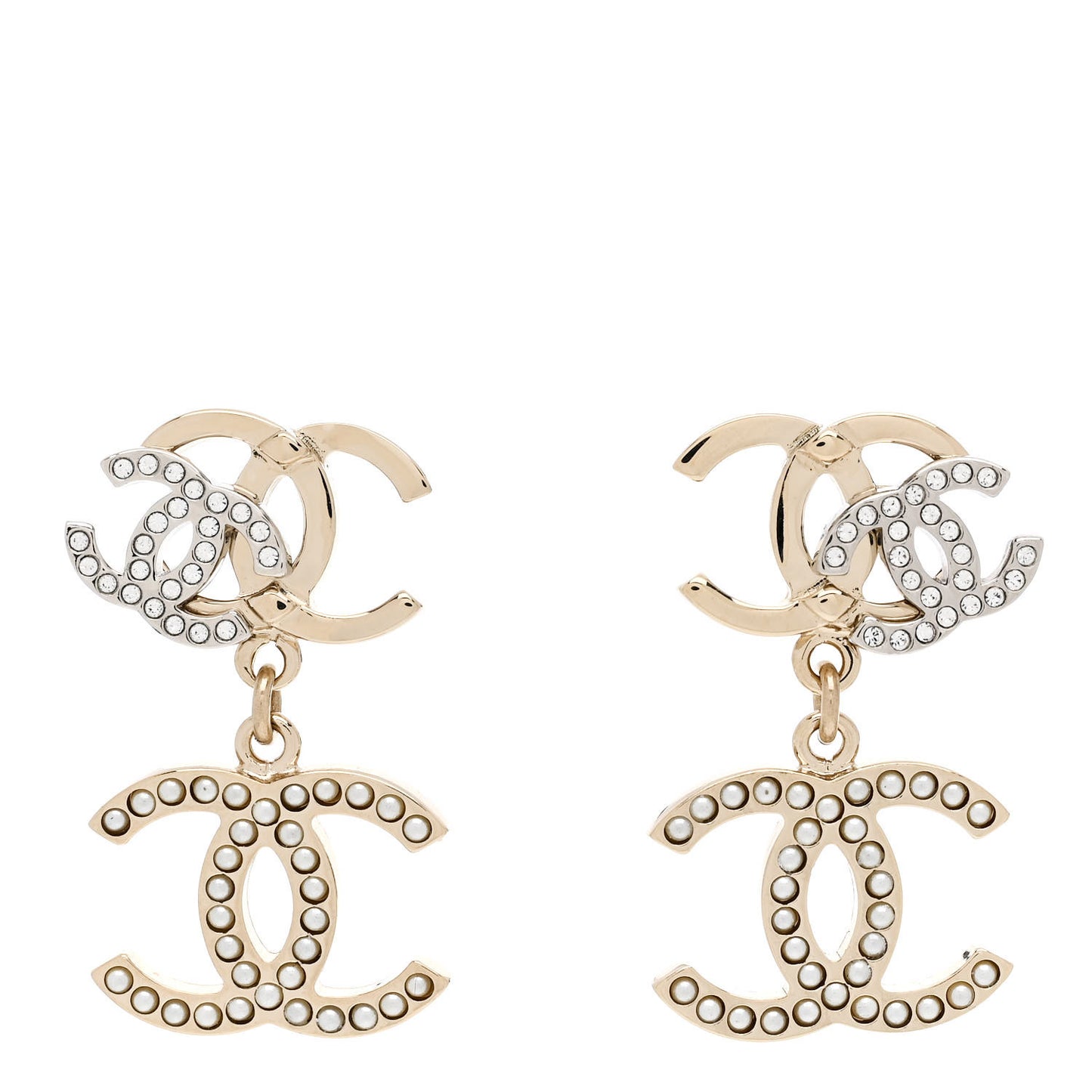 Crystal Pearl Double CC Drop Earrings Gold Silver