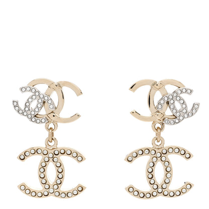 Chanel Crystal Pearl Double CC Drop Earrings Gold Silver 1 of 5