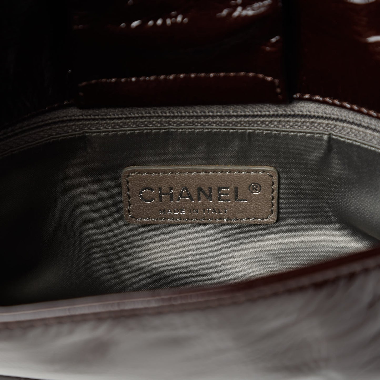 Crinkled Patent Modern Chain Flap Dark Brown