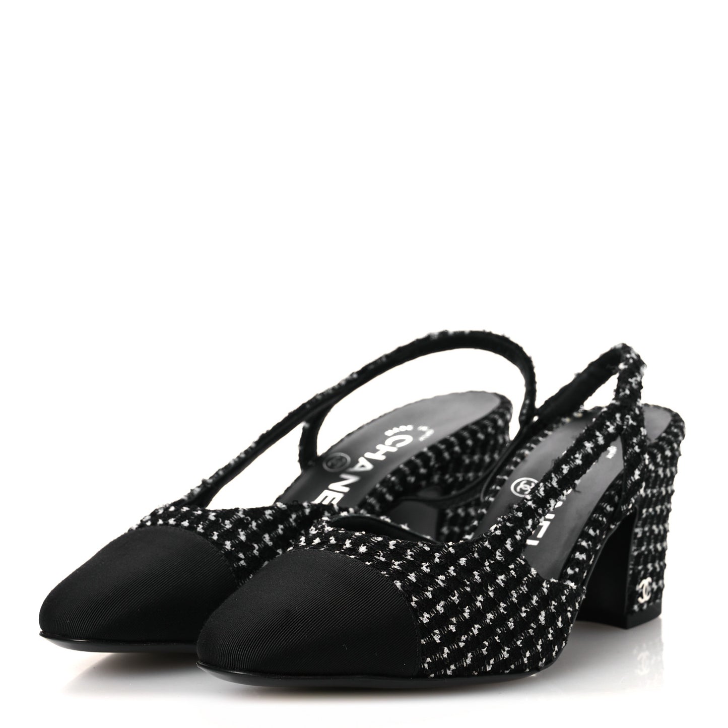 Tweed Grosgrain Cap Toe CC Slingback Pumps 35 Black White