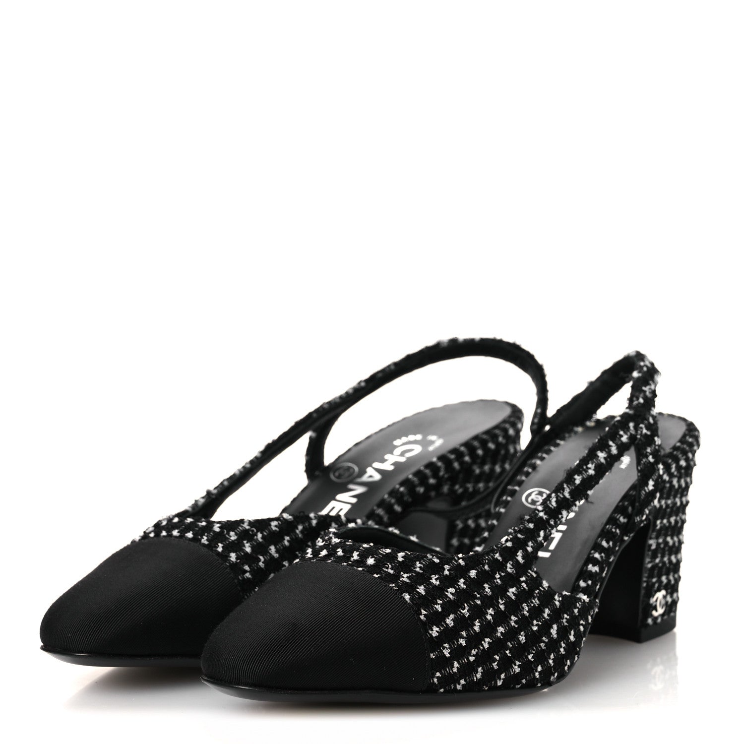 Chanel Tweed Grosgrain Cap Toe CC Slingback Pumps 35 Black White 4 of 12