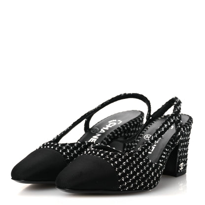 Chanel Tweed Grosgrain Cap Toe CC Slingback Pumps 35 Black White 4 of 12
