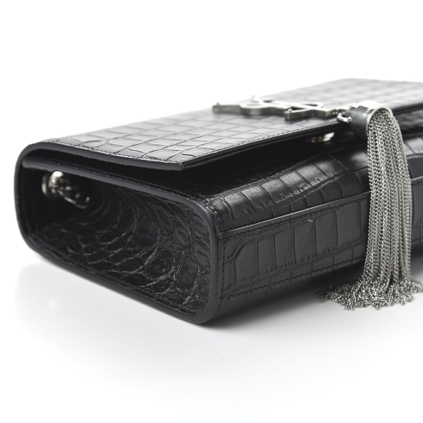 Calfskin Crocodile Embossed Small Classic Monogram Kate Tassel Satchel Black