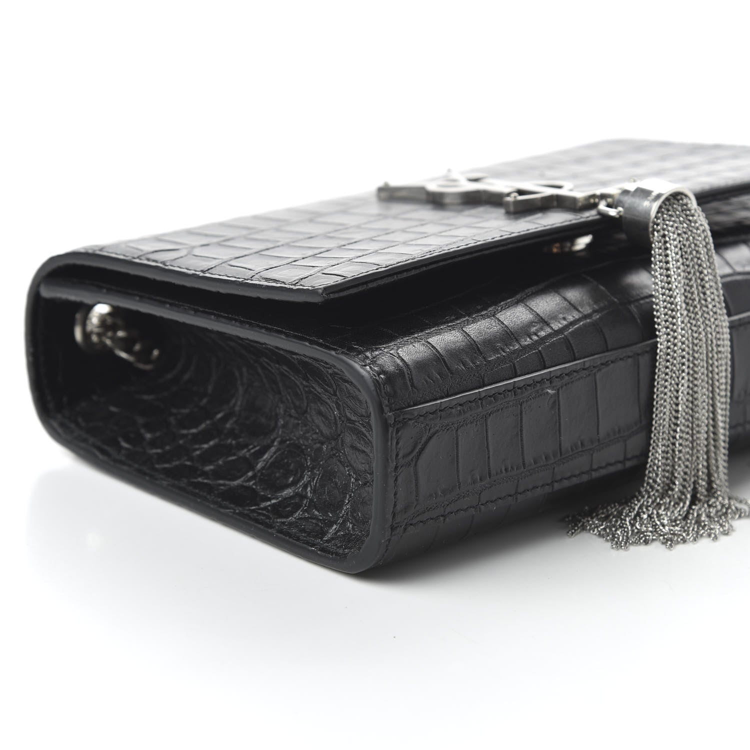 Saint Laurent Calfskin Crocodile Embossed Small Classic Monogram Kate Tassel Satchel Black 6 of 9