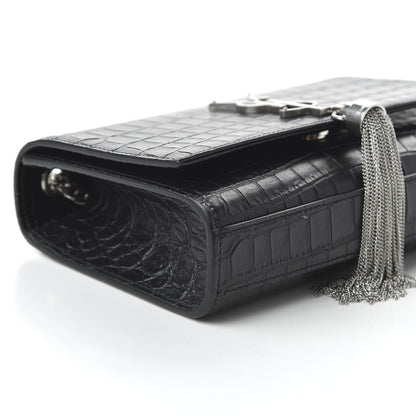 Saint Laurent Calfskin Crocodile Embossed Small Classic Monogram Kate Tassel Satchel Black 6 of 9