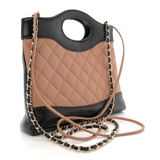 Shiny Crumpled Calfskin Quilted Mini 31 Shopping Bag Dark Beige Black
