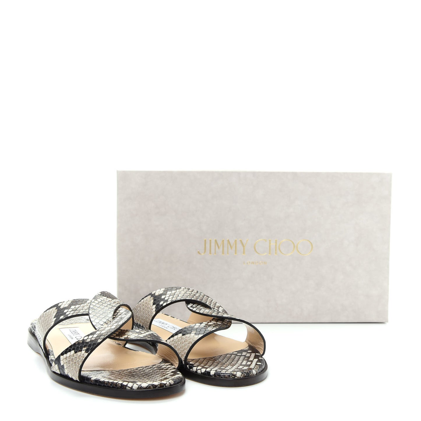 Calfskin Snake Print Atia Flat Sandals 38.5 Natural