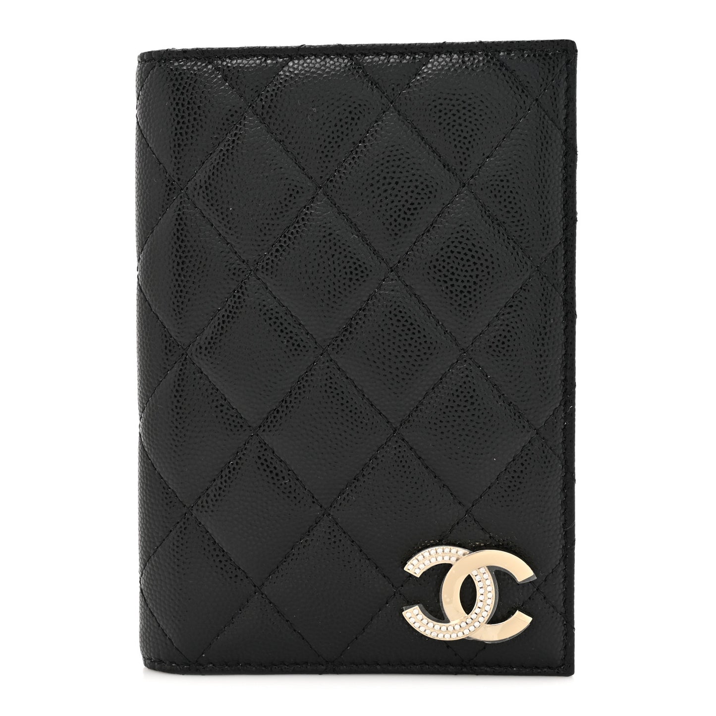Caviar Quilted Crystal CC Passport Holder Black