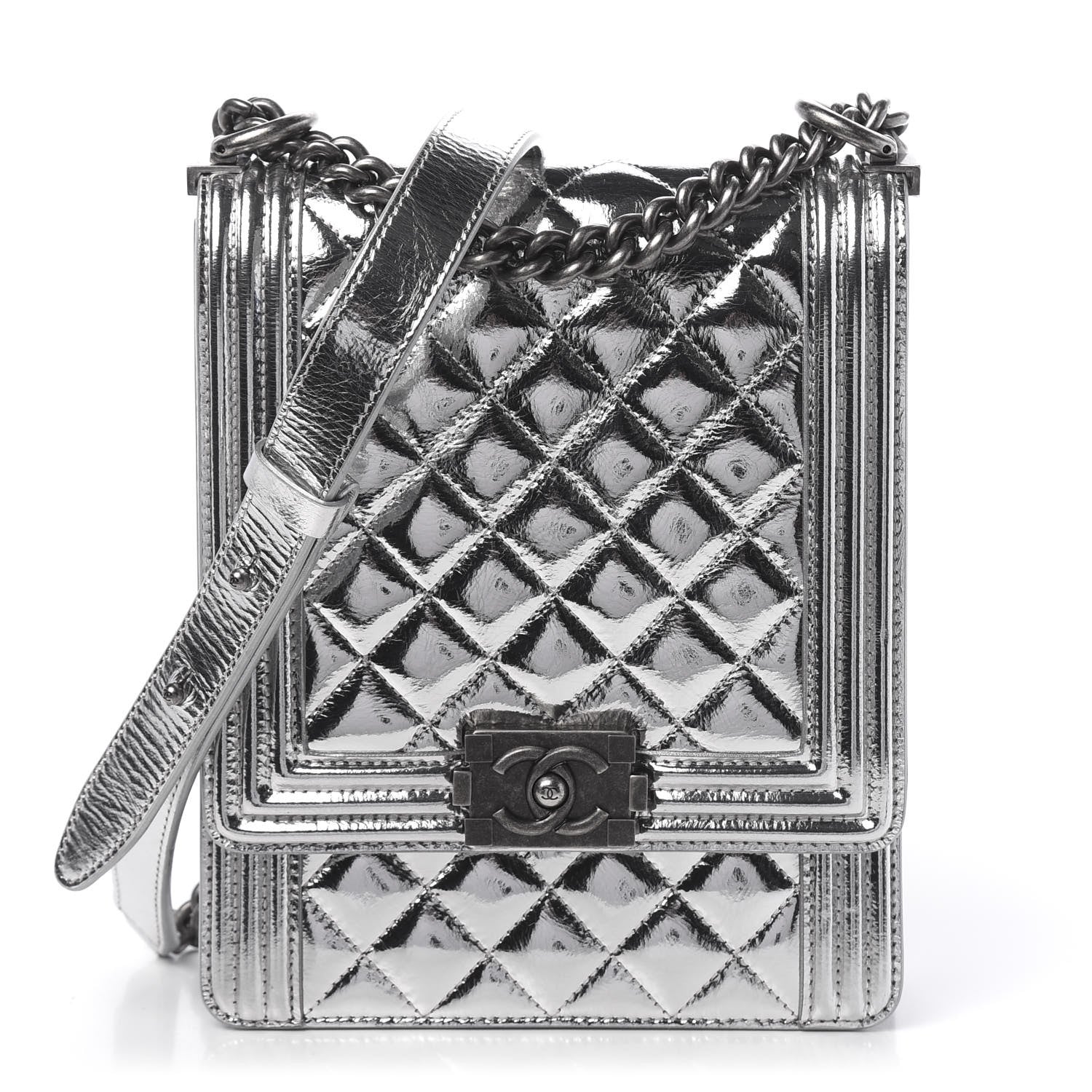 Chanel Metallic Goatskin Quilted North South Boy Flap Silver 1 of 11