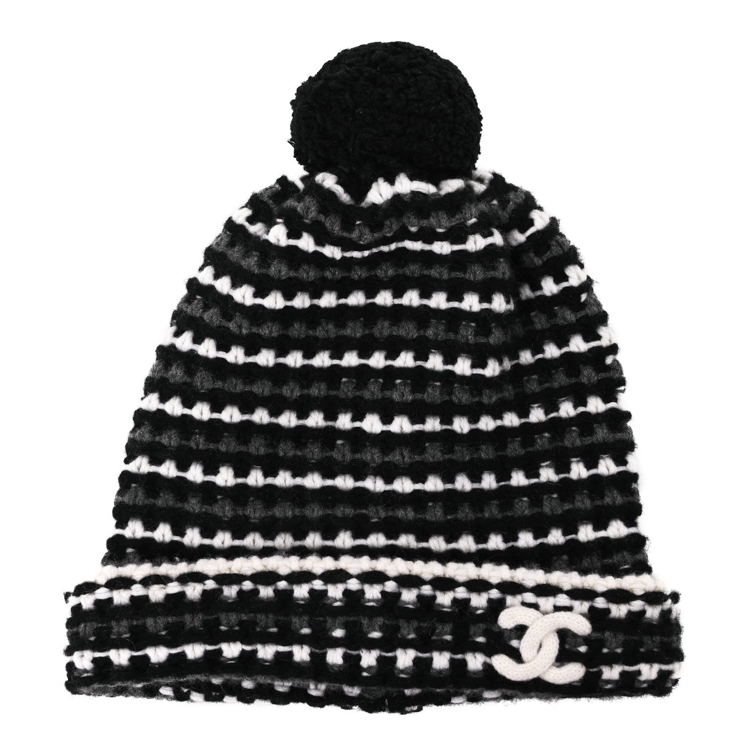Chanel Cashmere CC Beanie Hat Black White Grey 1 of 6