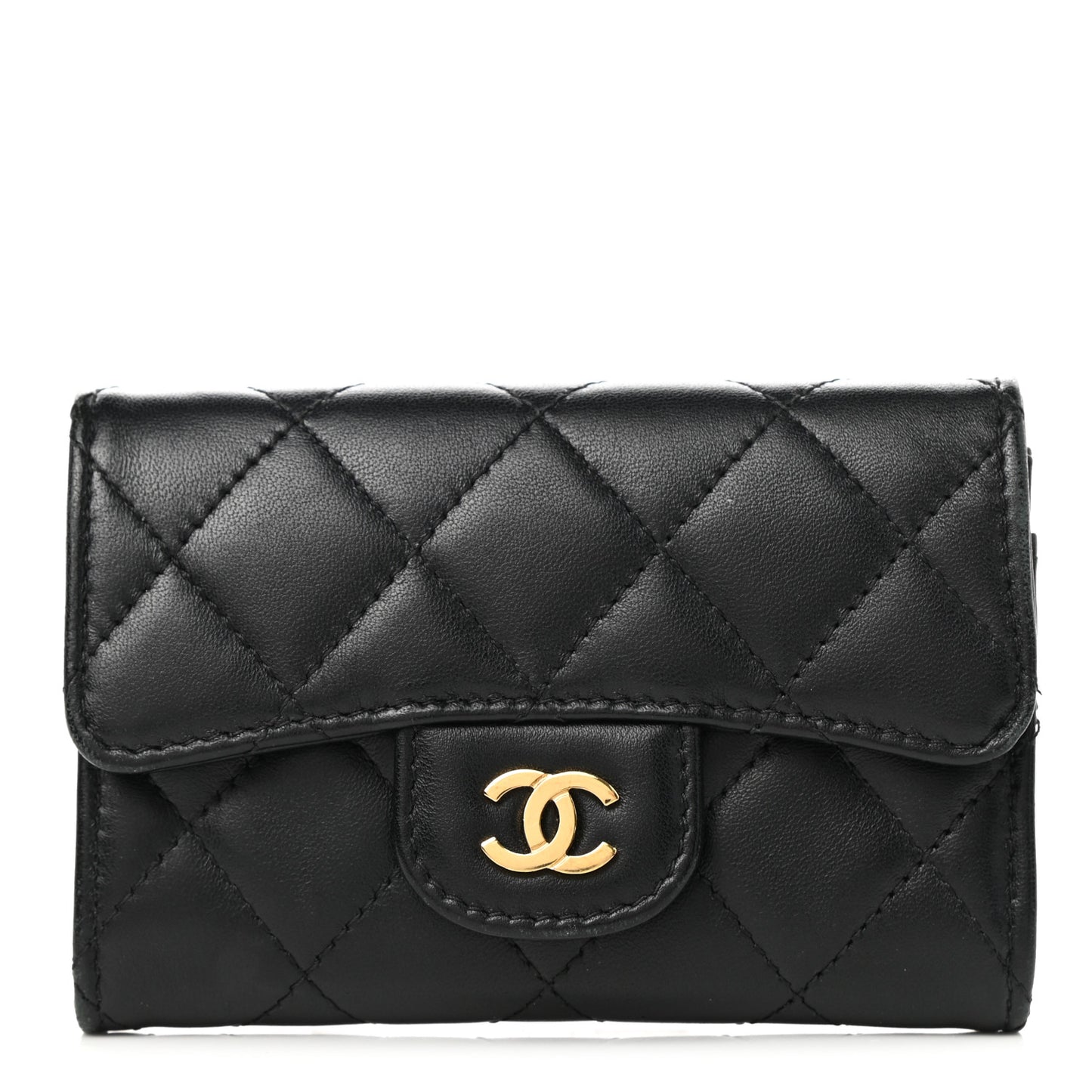 Lambskin Quilted Flap Card Holder Wallet Black