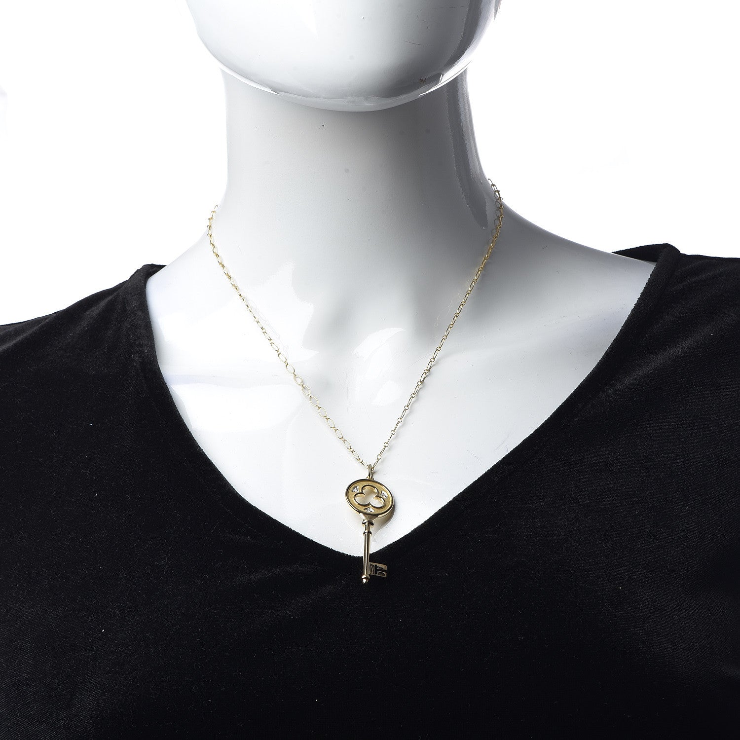 Tiffany 18K Yellow Gold Diamond Clover Key Pendant Necklace 2 of 7