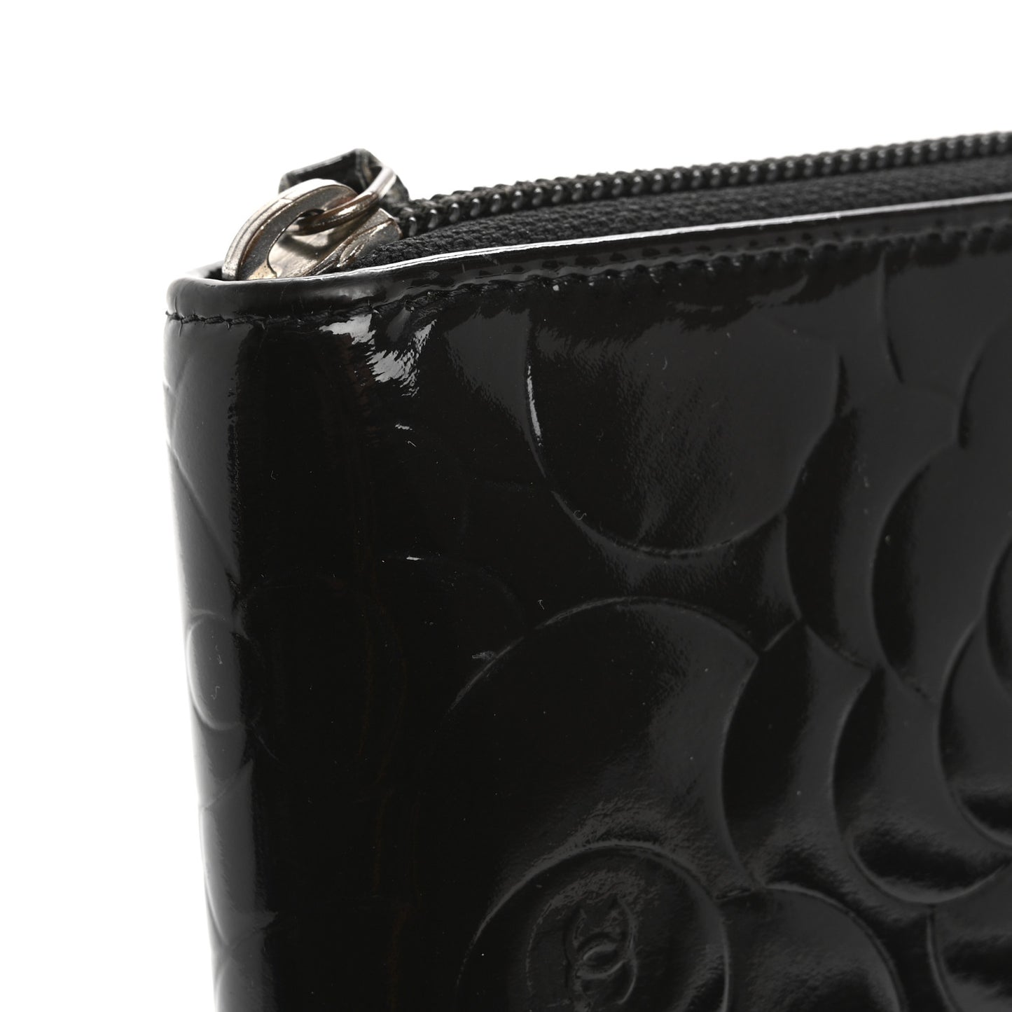 Patent Camellia Embossed Large Zip Around Gusset Wallet Black