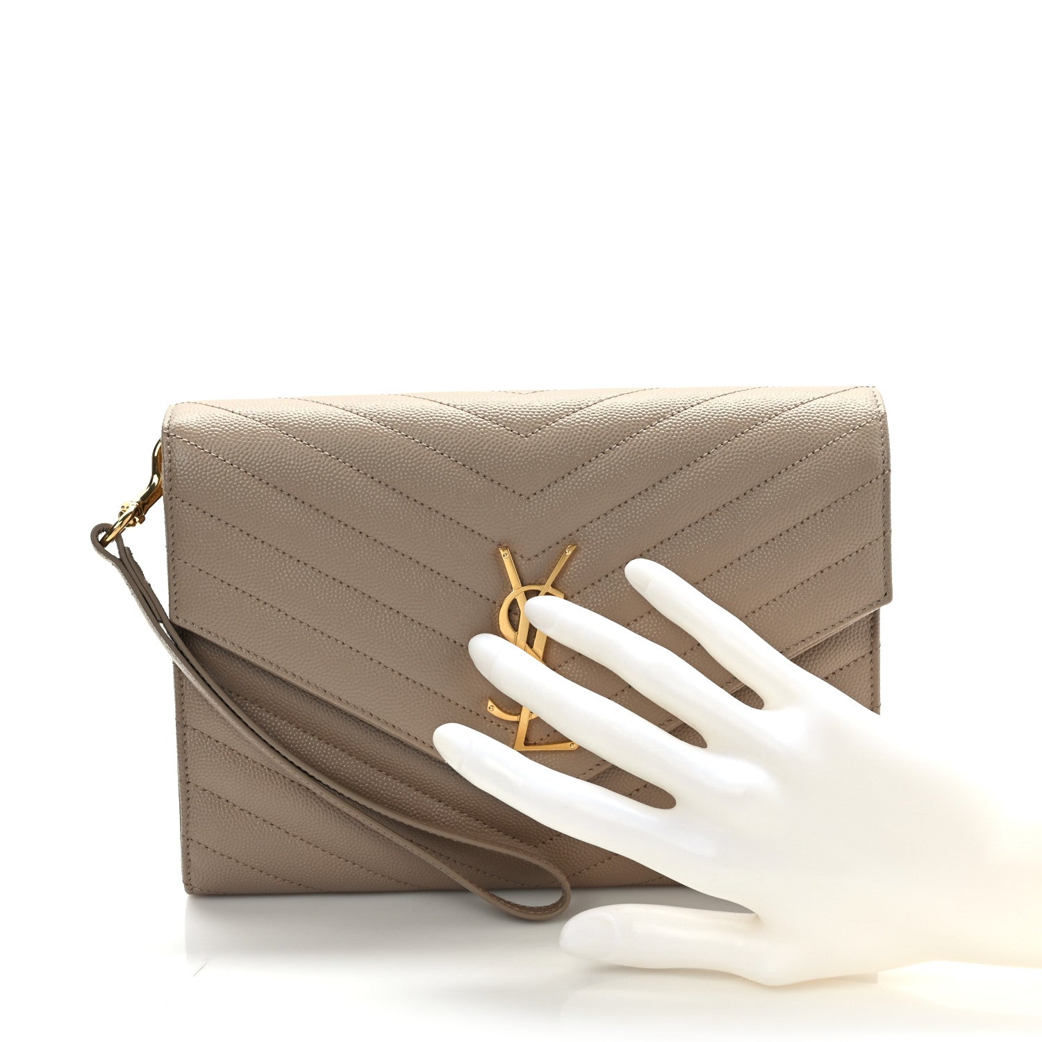 Saint Laurent Grain De Poudre Matelasse Chevron Monogram Envelope Clutch Dark Beige 2 of 8