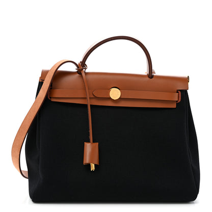 Hermes Military Toile Vache Hunter Herbag Zip Retourne 31 PM Black Fauve 1 of 10