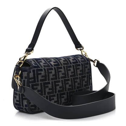 Fendi Chenille FF Embroidered Baguette Dark Blue Grey 3 of 11