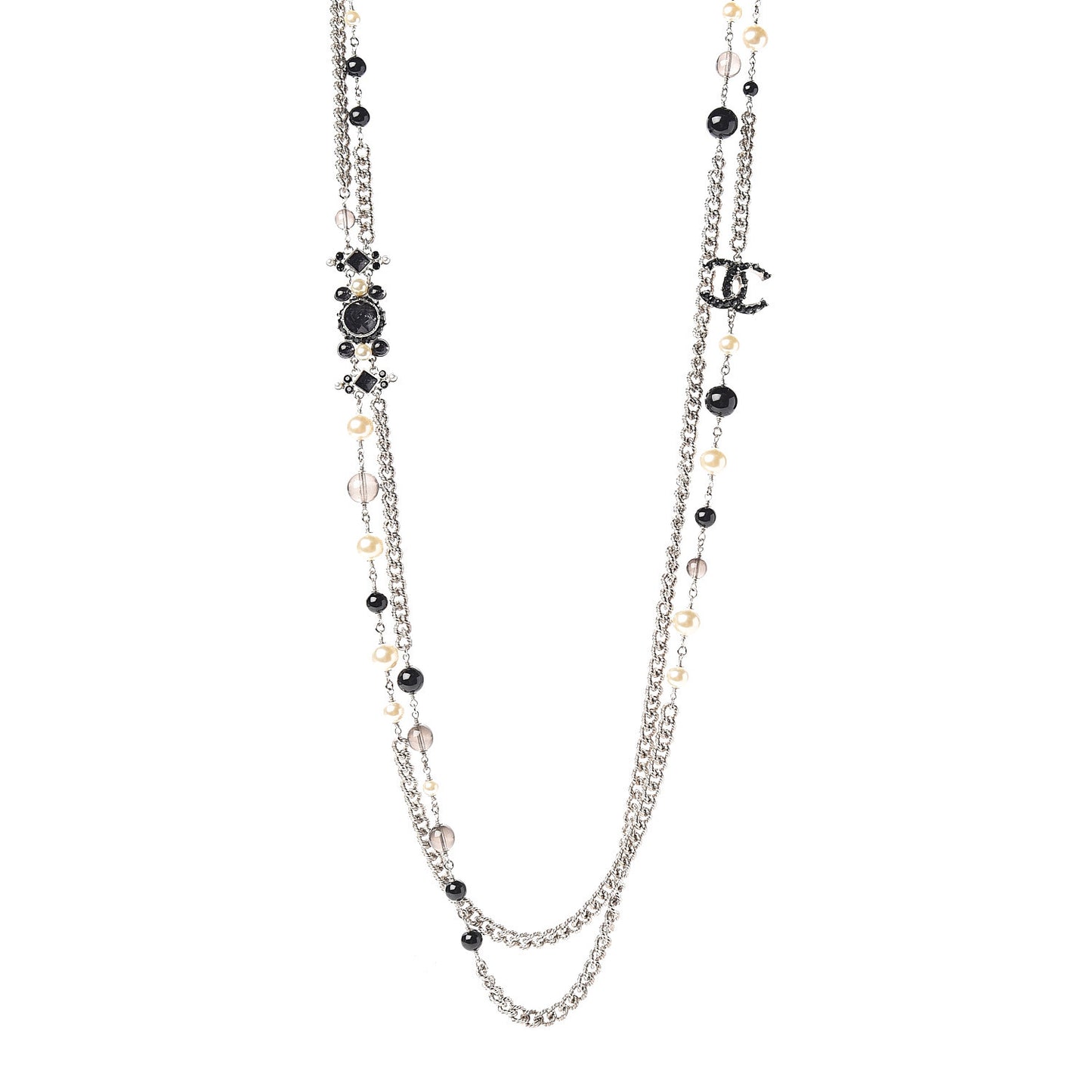Pearl Crystal Bead CC Long Necklace Black