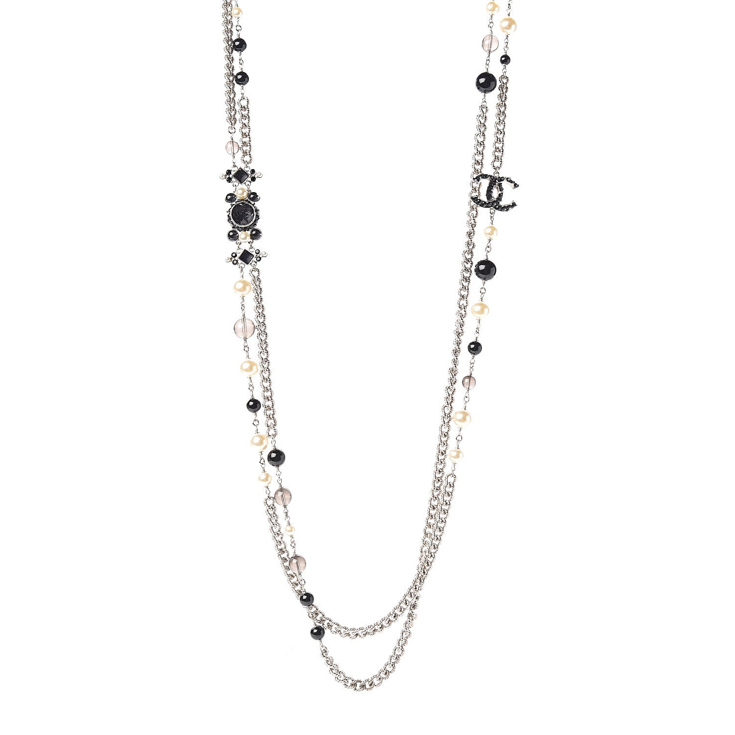 Chanel Pearl Crystal Bead CC Long Necklace Black 1 of 4