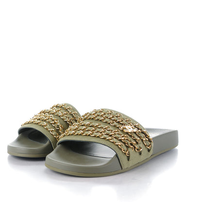 Chanel Lambskin Canvas Chain Flat Sandals 37 Green 3 of 7