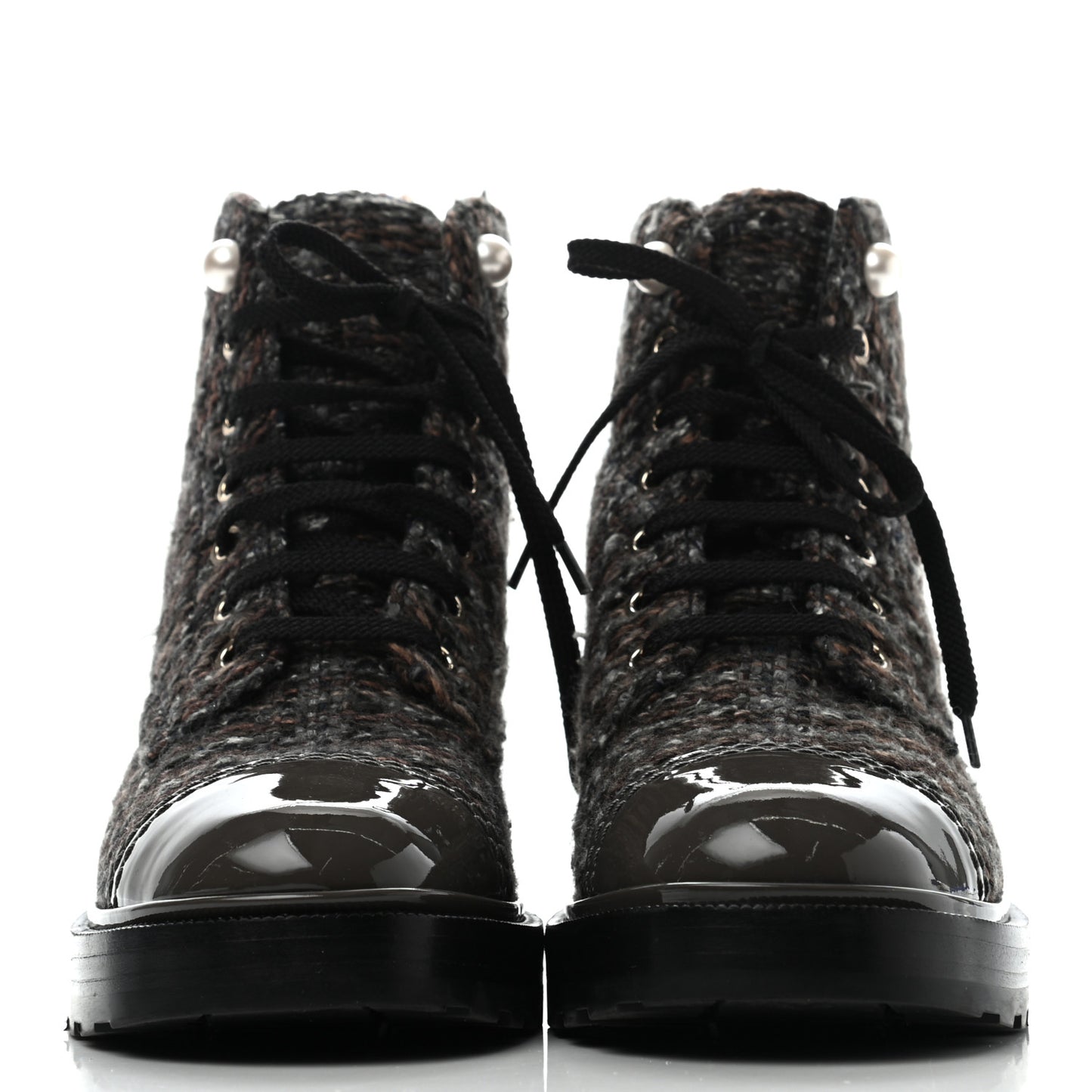 Tweed Patent Calfskin Pearl Combat Short Boots 37.5 Brown Black Grey