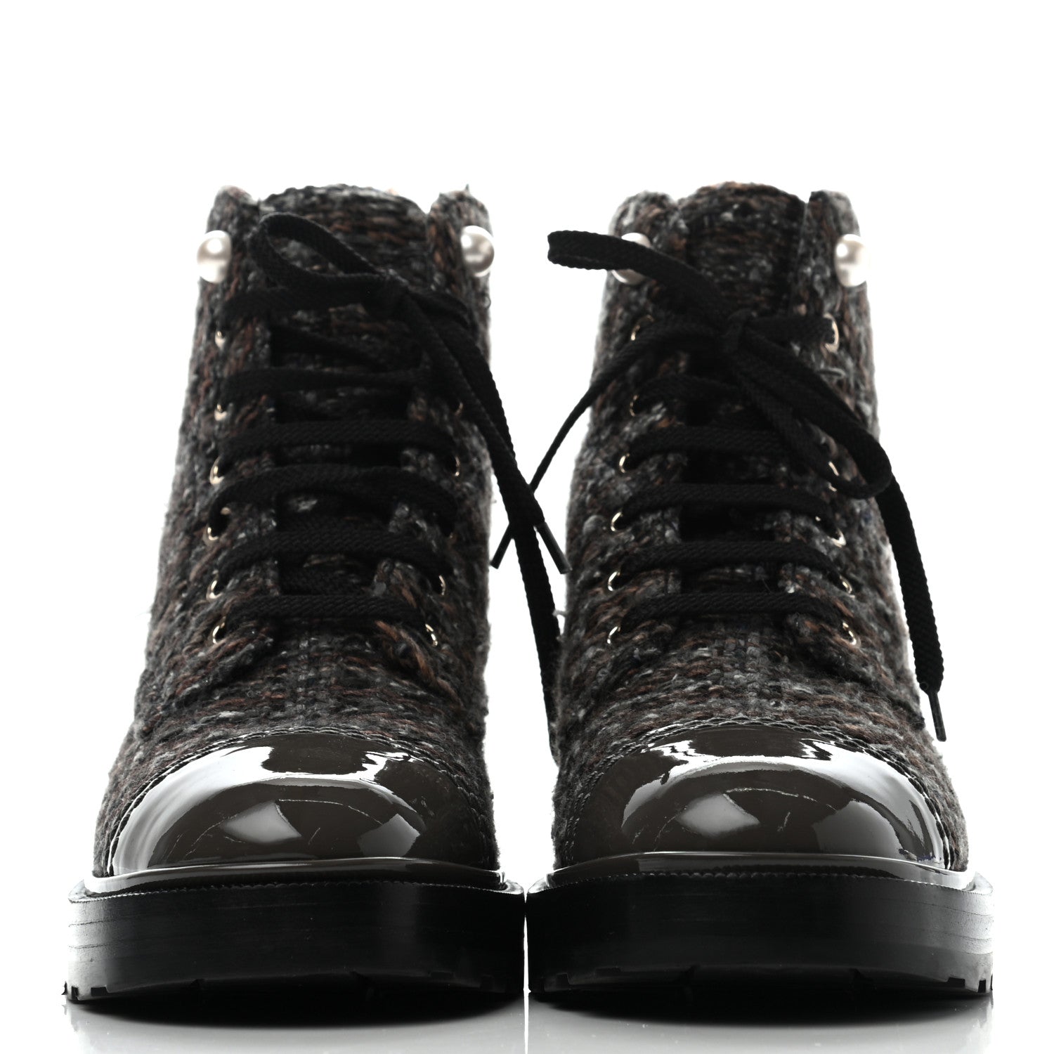 Chanel Tweed Patent Calfskin Pearl Combat Short Boots 37.5 Brown Black Grey 2 of 10