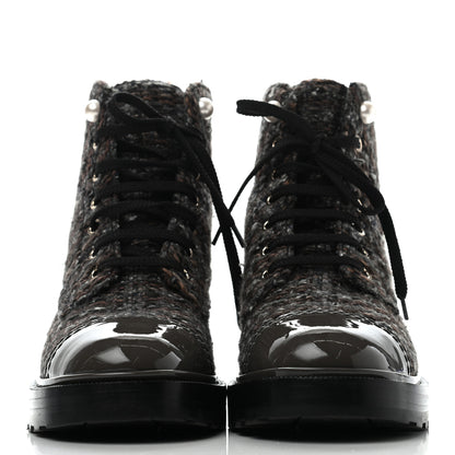 Chanel Tweed Patent Calfskin Pearl Combat Short Boots 37.5 Brown Black Grey 2 of 10