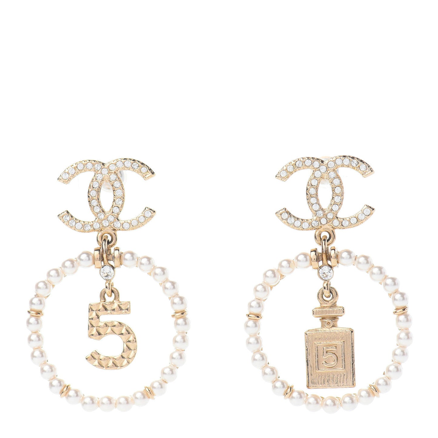 Crystal Pearl Chanel Charms CC Drop Earrings Gold