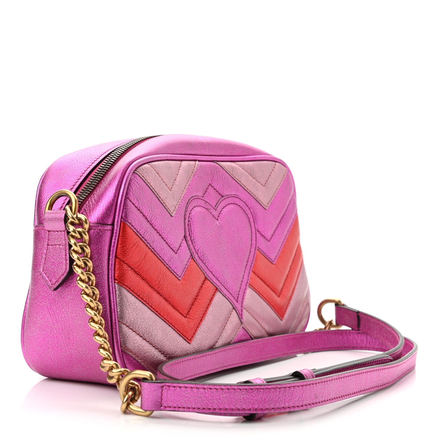 Gucci Laminated Nappa Matelasse Small GG Marmont Chain Shoulder Bag Fuxia Rosso Rosa 3 of 10