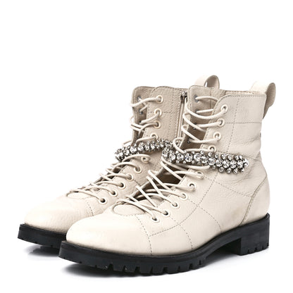Jimmy Choo Grained Calfskin Crystal Embellished Cruz Combat Boots 37.5 White 3 of 7