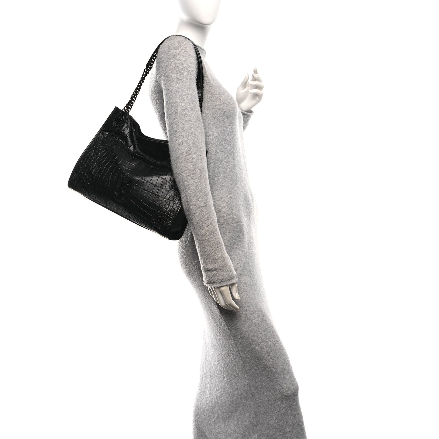 Calfskin Crocodile Embossed Monogram Medium Niki Shopping Bag Black