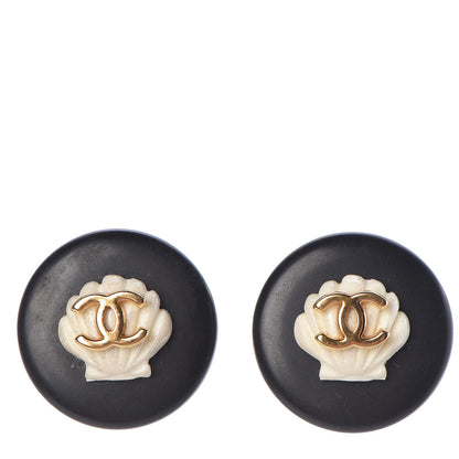 Chanel Resin CC Shell Clip On Earrings Black White 1 of 4