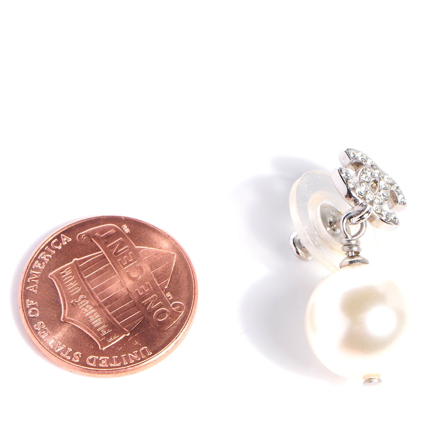 Crystal CC Pearl Dangle Earrings Silver
