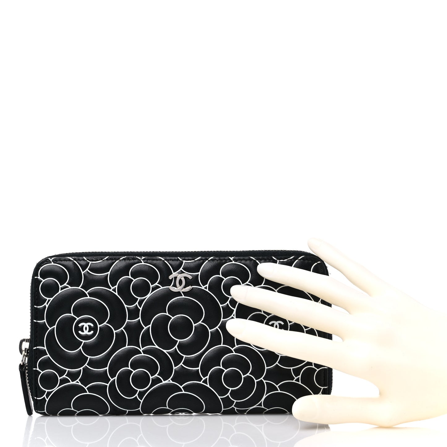 Lambskin Camellia Embossed Large Zip Around Gusset Wallet Black White
