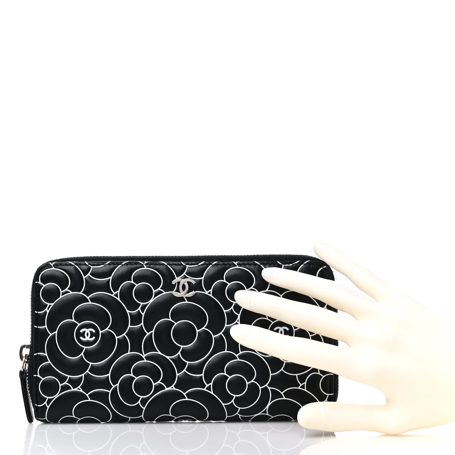 Chanel Lambskin Camellia Embossed Large Zip Around Gusset Wallet Black White 3 of 11