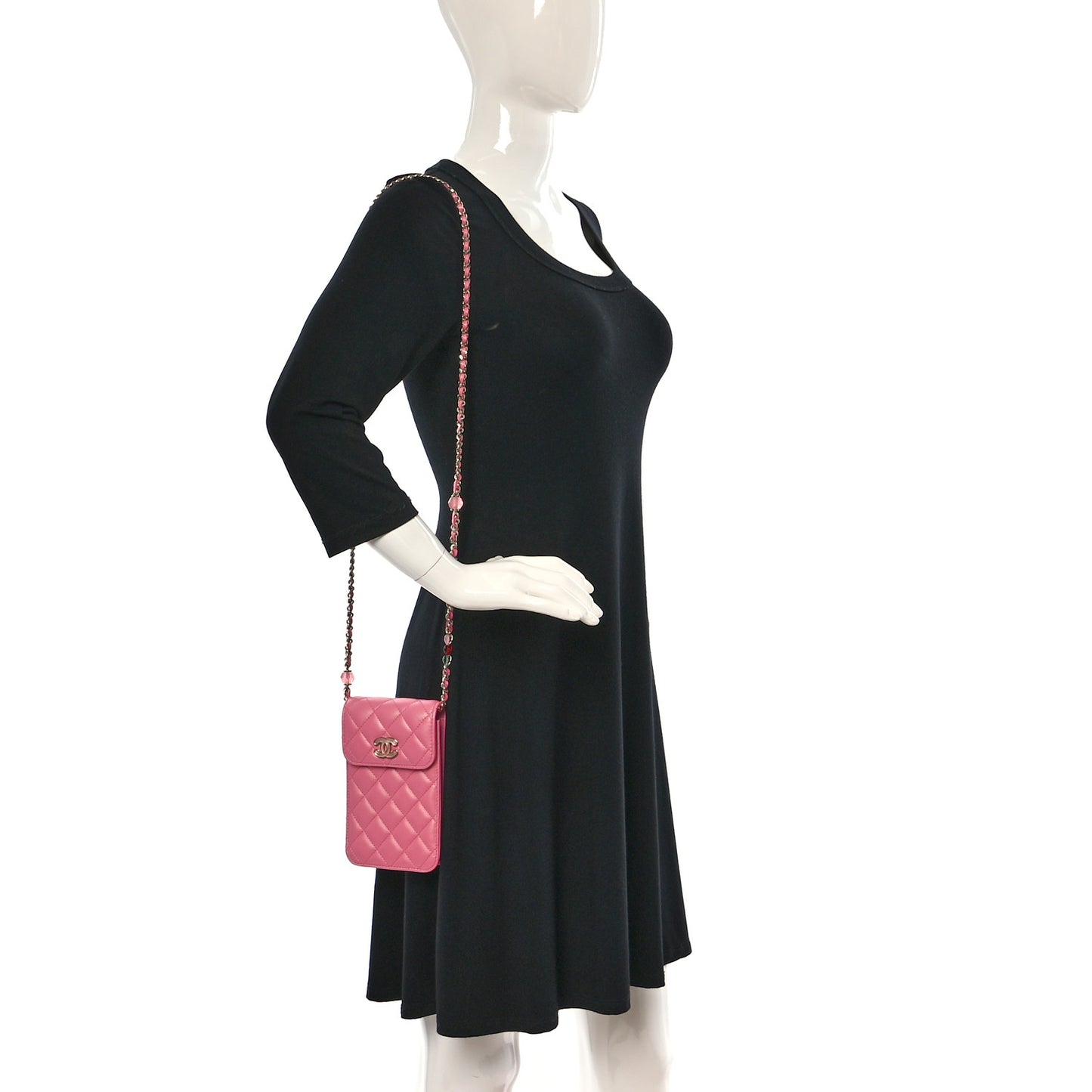 Lambskin Resin Quilted Phone Holder With Chain Pink