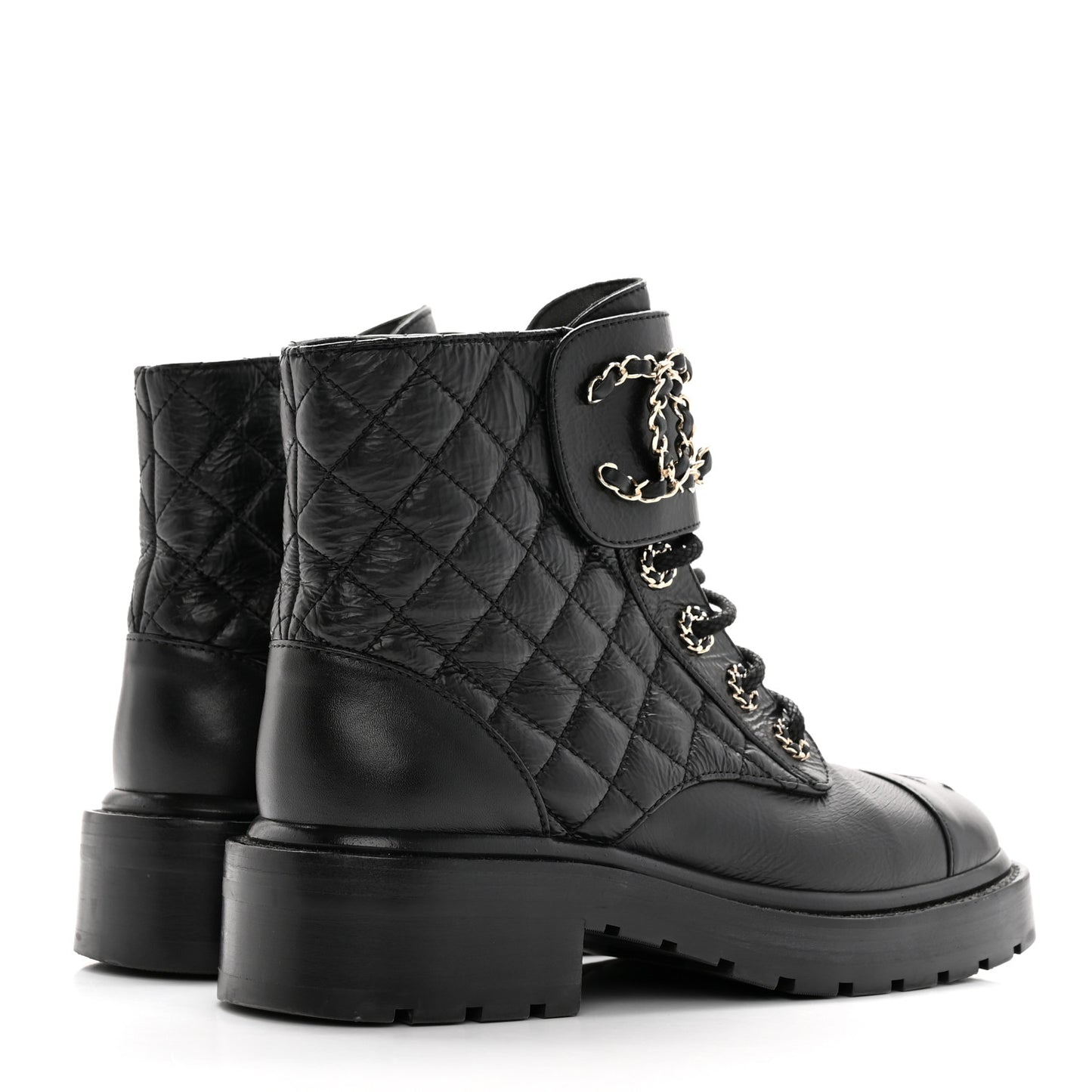 Shiny Calfskin Quilted Lace Up Combat Boots 35.5 Black