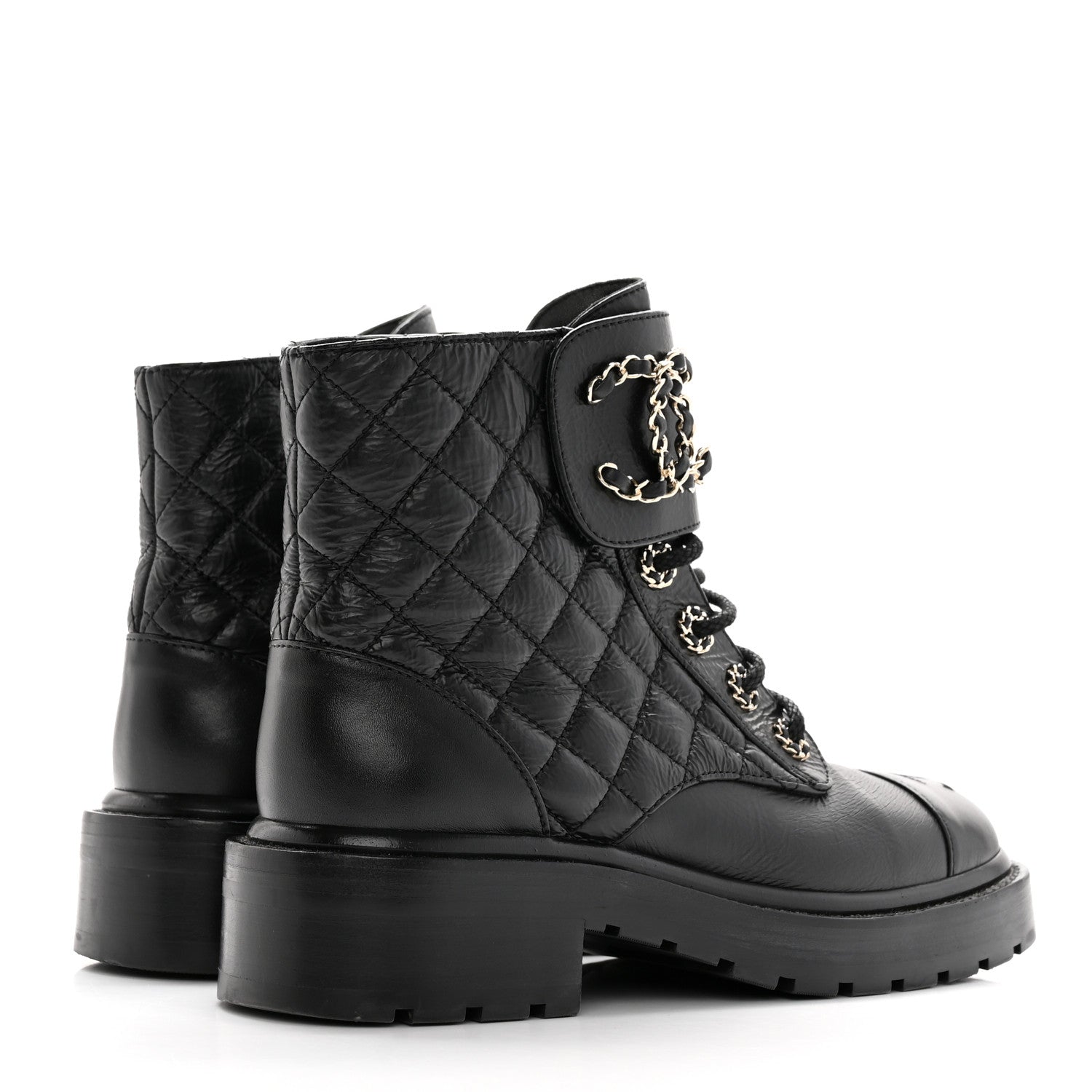 Chanel Shiny Calfskin Quilted Lace Up Combat Boots 35.5 Black 4 of 18