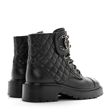 Chanel Shiny Calfskin Quilted Lace Up Combat Boots 35.5 Black 4 of 18