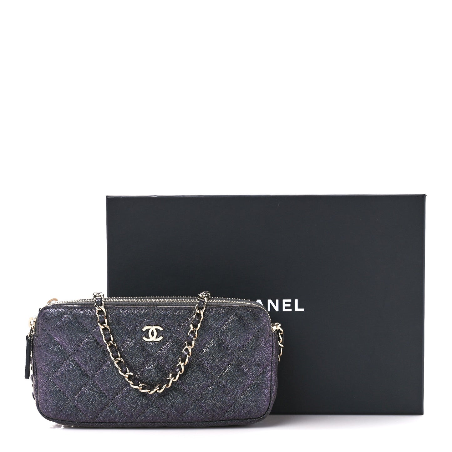 Iridescent Caviar Quilted Small Clutch With Chain Black