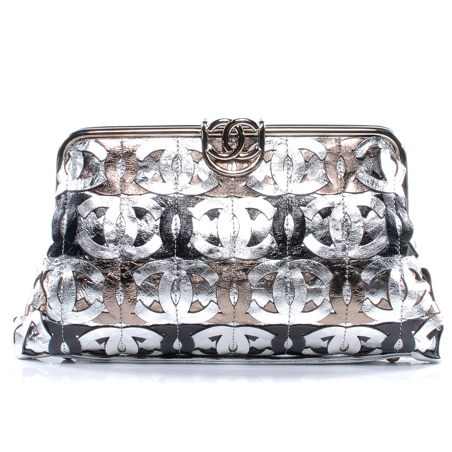 Calfskin Crackled CC Mix Frame Clutch Gold Silver
