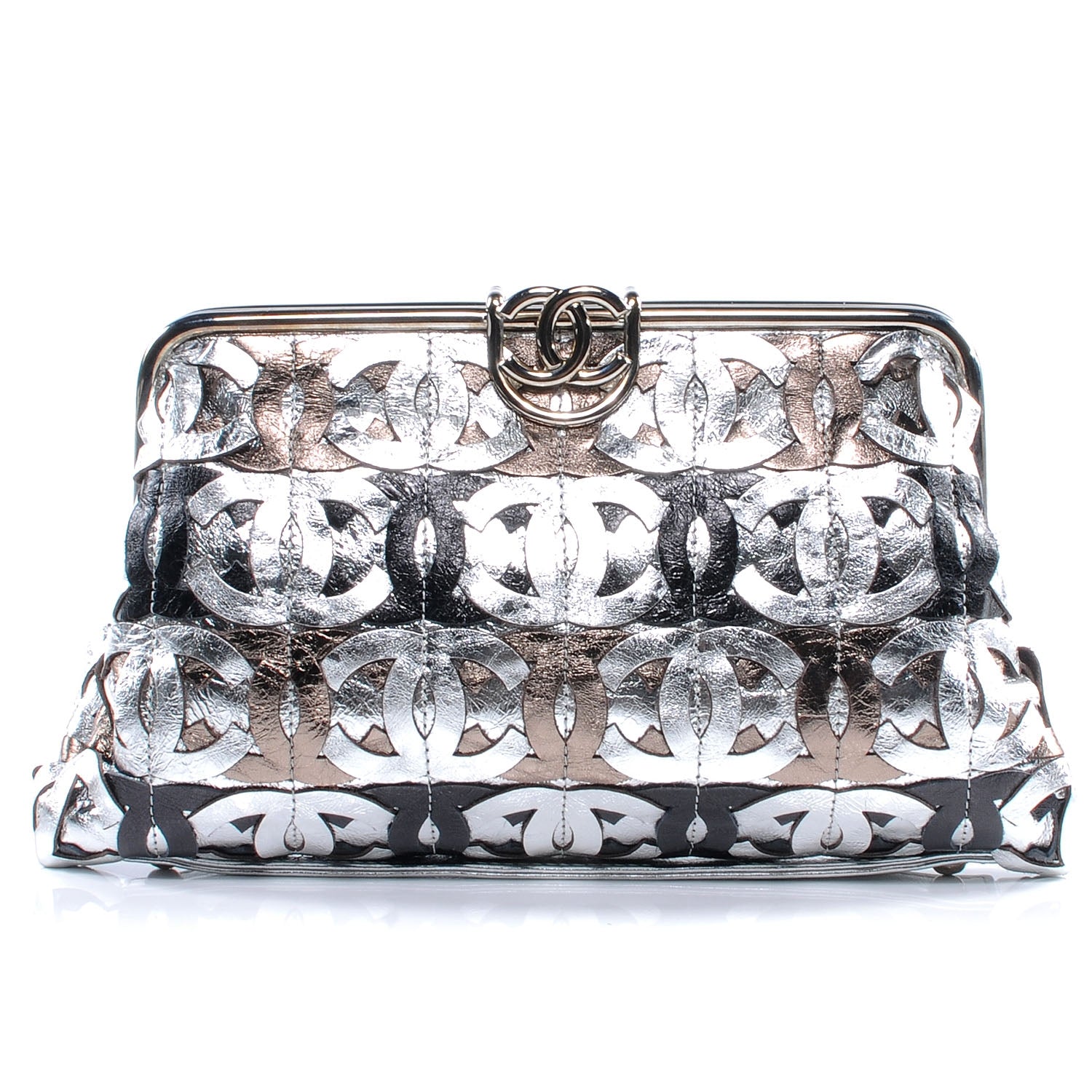 Chanel Calfskin Crackled CC Mix Frame Clutch Gold Silver 1 of 8