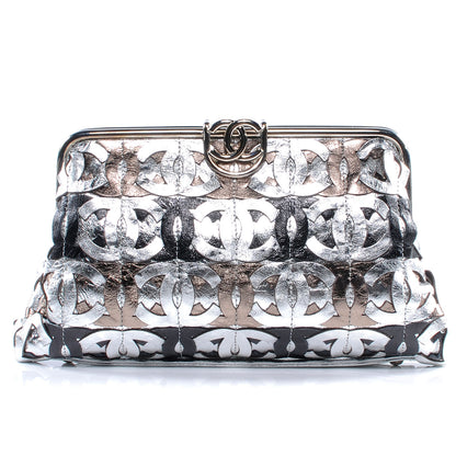 Chanel Calfskin Crackled CC Mix Frame Clutch Gold Silver 1 of 8