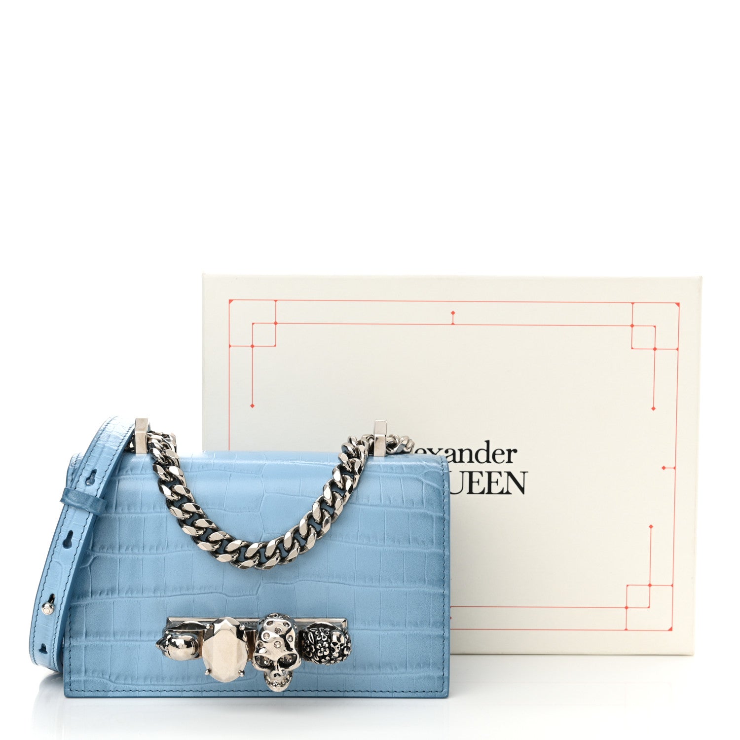Alexander McQueen Calfskin Crocodile Embossed Knuckle Shoulder Bag Ciel 13 of 13