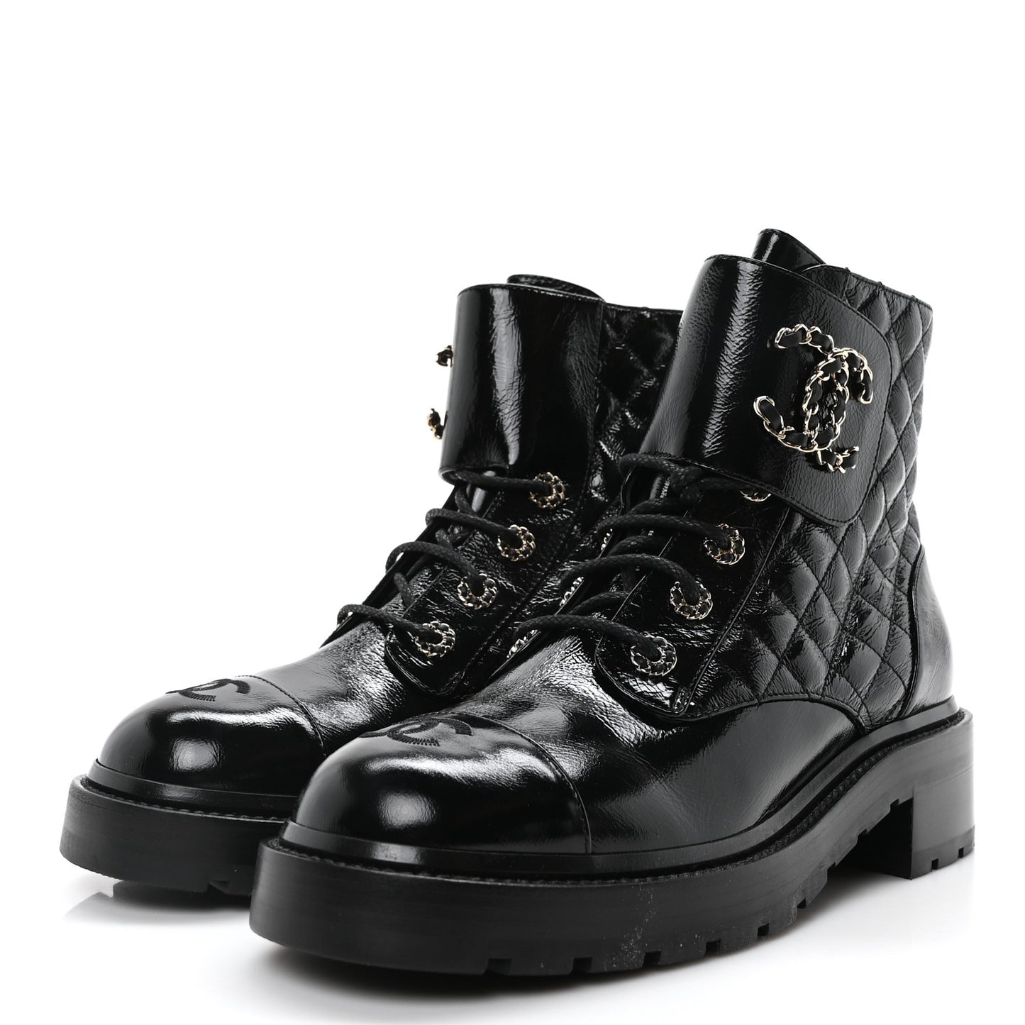 Shiny Calfskin Quilted Lace Up Combat Boots 40.5 Black