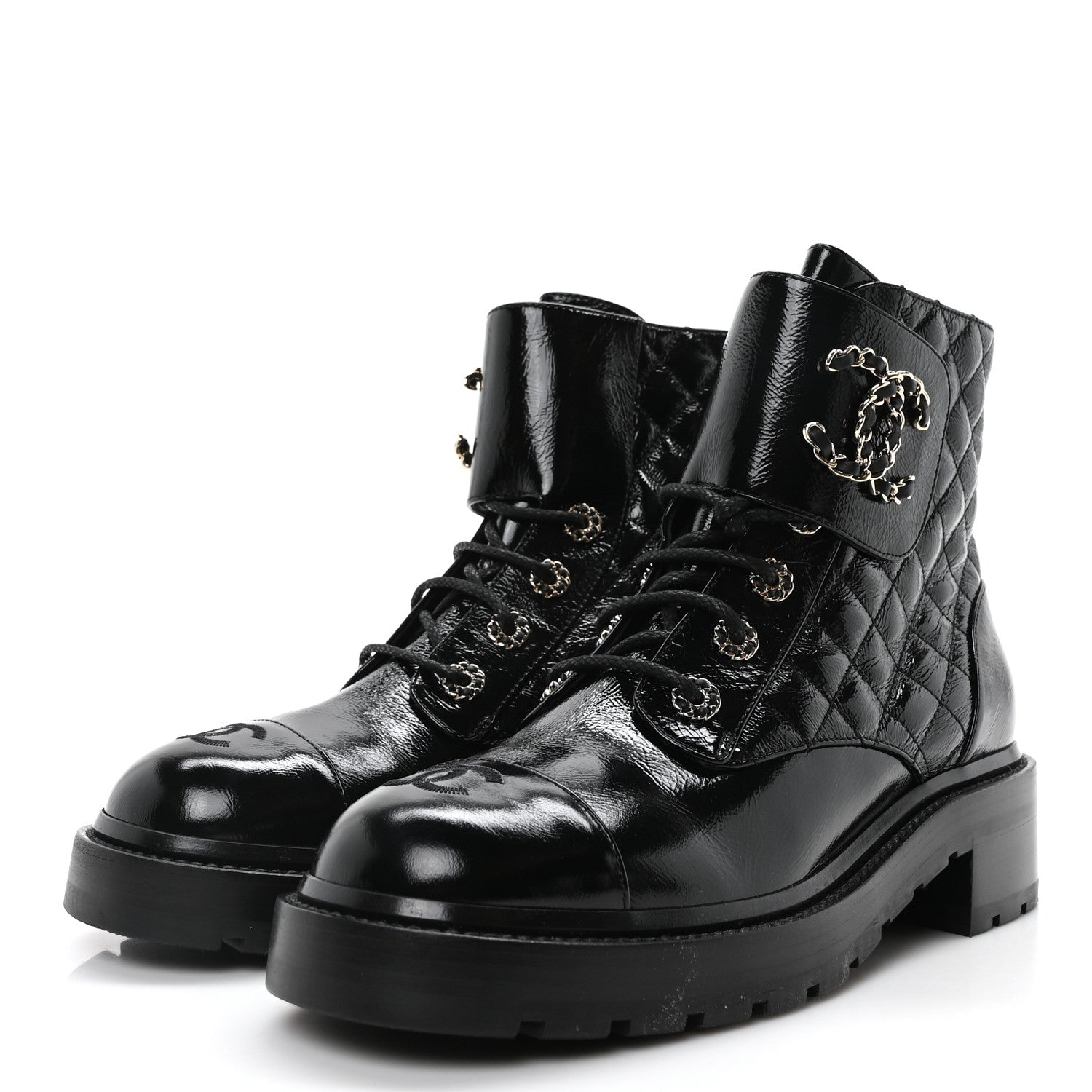 Chanel Shiny Calfskin Quilted Lace Up Combat Boots 40.5 Black 4 of 8