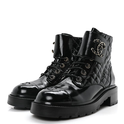 Chanel Shiny Calfskin Quilted Lace Up Combat Boots 40.5 Black 4 of 8
